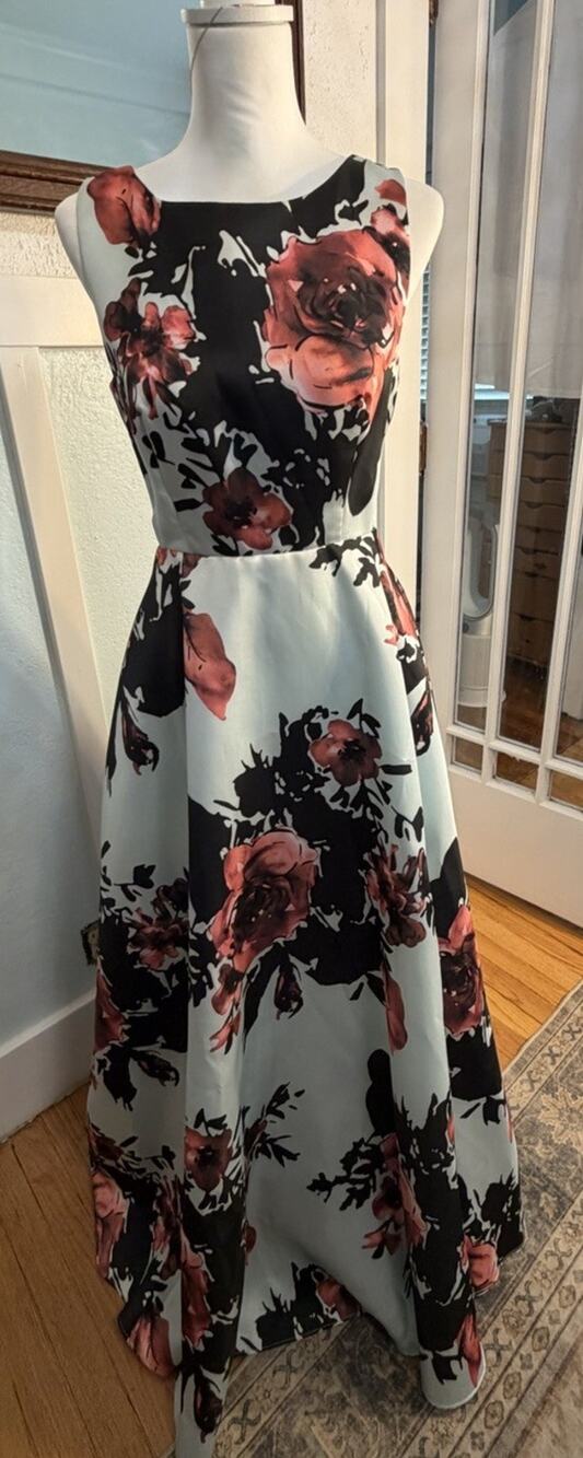 Betsy & Adam Floral Halter Ballgown Dress Sleeveless Formal Black White Pink 6